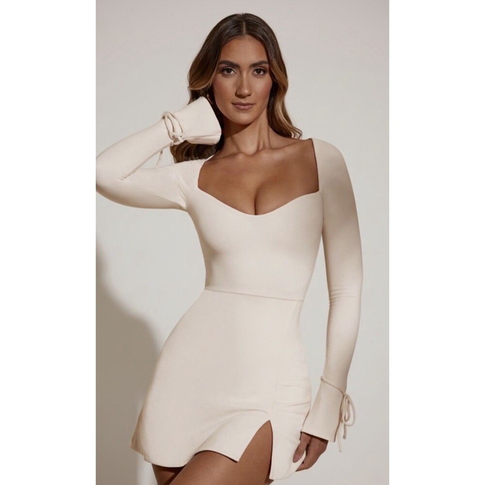 Oh Polly Amryn Fluted Cream Ivory Long Sleeve Mini Dress with Slit Size 6